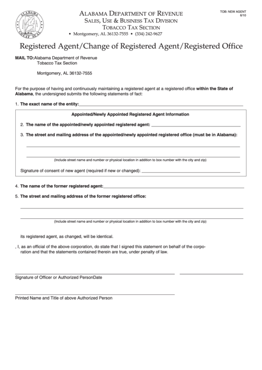 Fillable Registered Agent/change Of Registered Agent/registered Office - Alabama Department Of Revenue Printable pdf