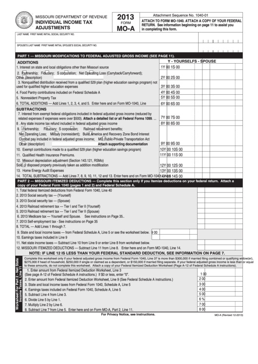 Fillable Form Mo-A - Individual Income Tax Adjustments - 2013 Printable pdf