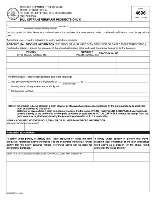 Fillable Form 4606 - Bill Of Transfer Printable pdf