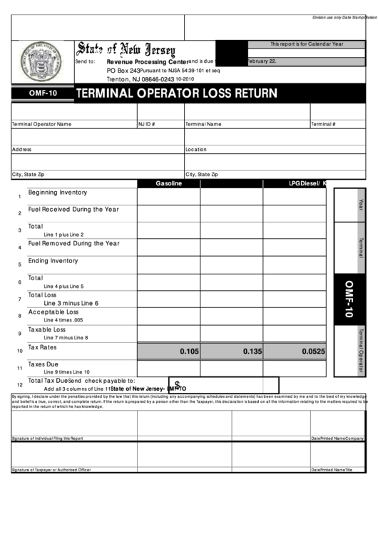 Fillable Form Omf-10 - Terminal Operator Loss Return Printable pdf