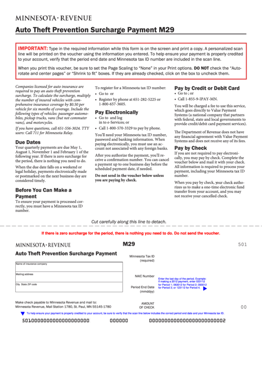 Fillable Form M29 - Auto Theft Prevention Surcharge Payment Printable pdf