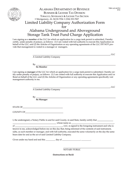 Limited Liability Company Authorization Form For Alabama Underground And Aboveground Storage Tank Trust Fund Charge Application - Alabama Department Of Revenue Printable pdf