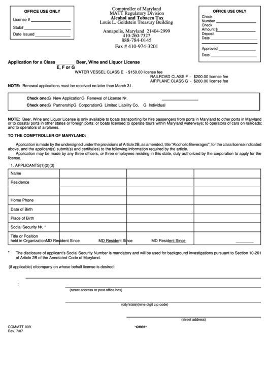 Fillable Form Com/att-009 - Application For A Class Beer, Wine And Liquor License Printable pdf