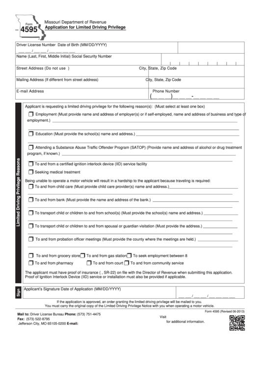 Fillable Form 4595 - Application For Limited Driving Privilege Printable pdf