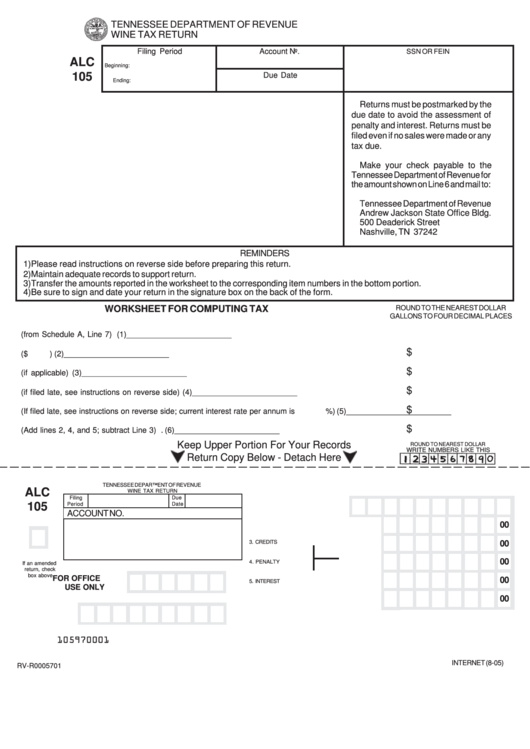 Fillable Form Alc 105 - Wine Tax Return Printable pdf