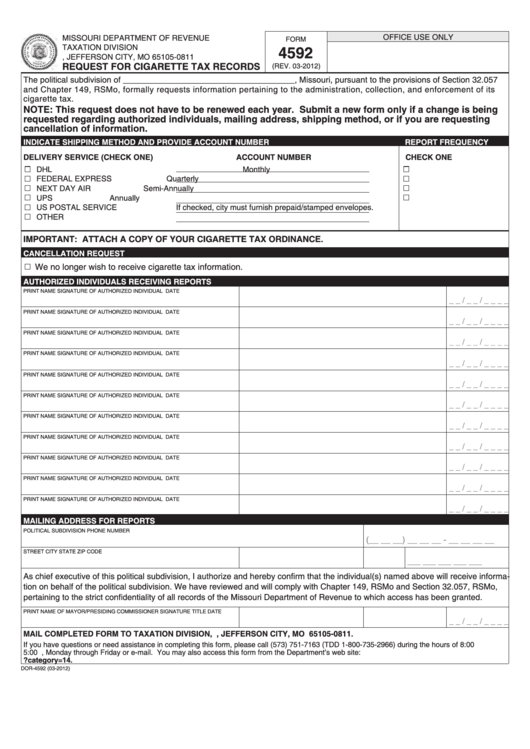 Fillable Form 4592 - Request For Cigarette Tax Records Printable pdf
