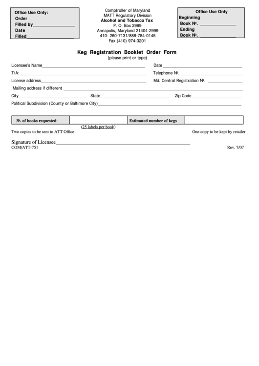 Fillable Form Com/att-751 - Keg Registration Booklet Order Form Printable pdf