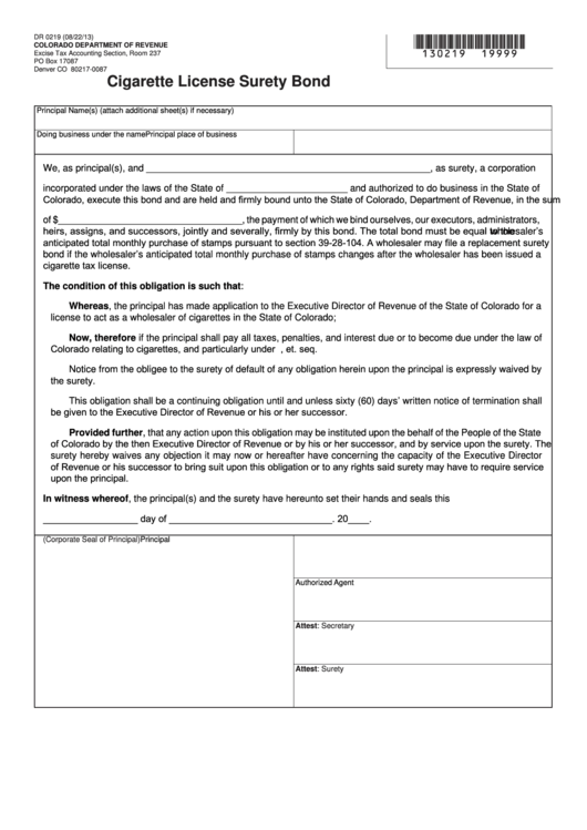 Fillable Form Dr 0219 - Cigarette License Surety Bond Printable pdf