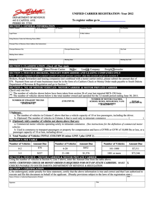 Unified Carrier Registration - South Dakota Department Of Revenue - 2012 Printable pdf