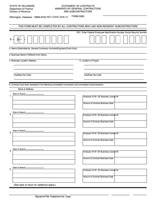 Fillable Form 5060 - Statement Of Contracts Awarded By General Contractors And Subcontractors Printable pdf