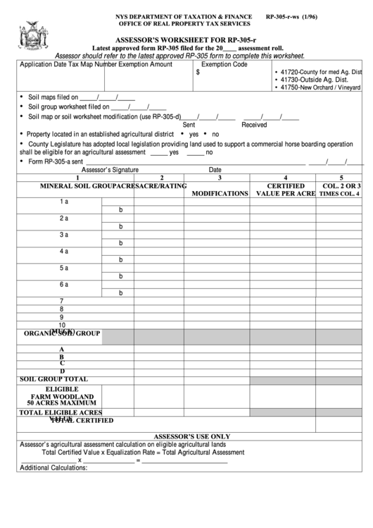 Fillable Form Rp-305-R-Ws - Assessor