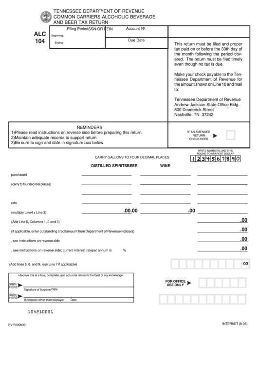 Fillable Form Alc 104 - Common Carriers Alcoholic Beverage And Beer Tax Return Printable pdf