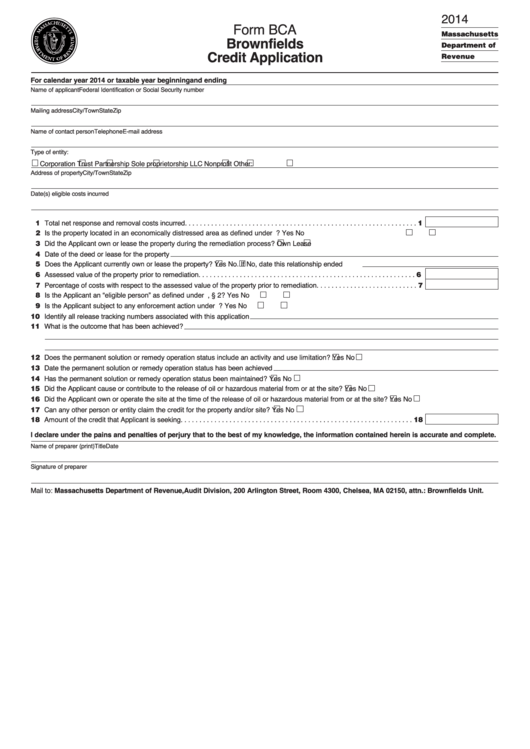 Form Bca - Brownfields Credit Application - 2014 Printable pdf