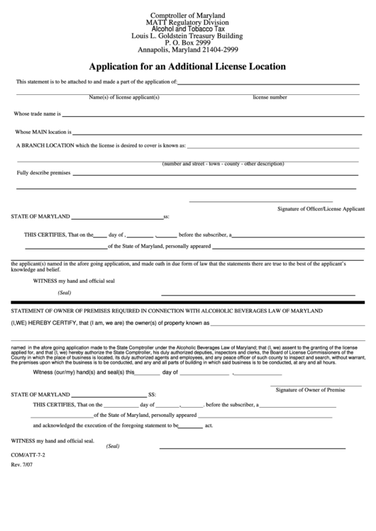 Fillable Form Com/att-7-2 - Application For An Additional License Location Printable pdf