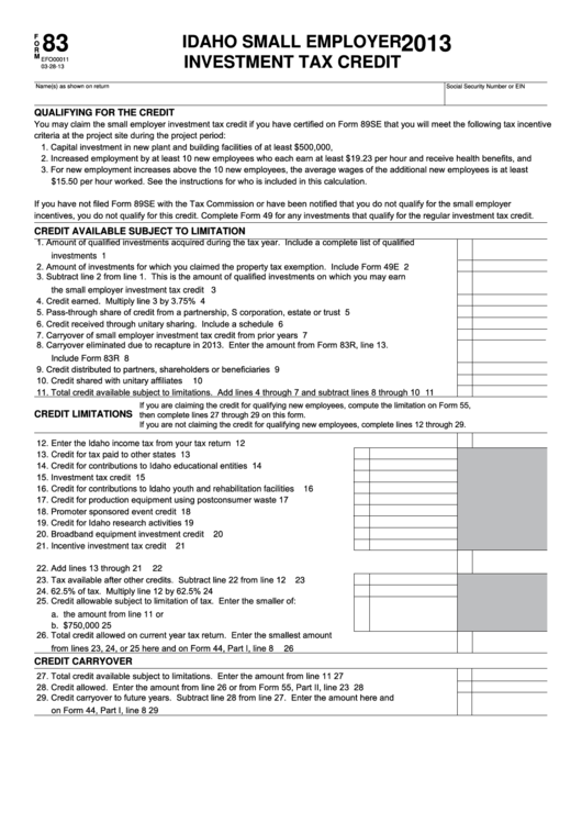 Fillable Form 83 - Idaho Small Employer Investment Tax Credit - 2013 Printable pdf