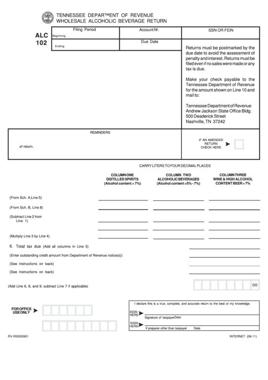 Fillable Form Alc 102 - Wholesale Alcoholic Beverage Return Printable pdf