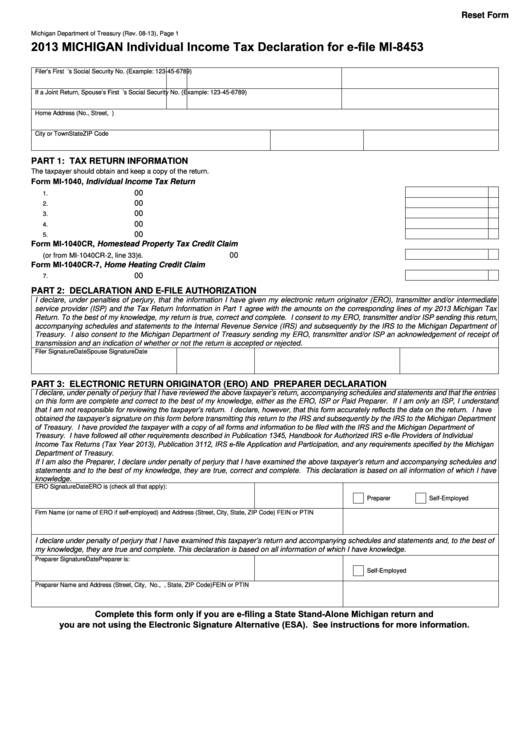 Fillable Form Mi-8453 - Michigan Individual Income Tax Declaration For E-File - 2013 Printable pdf