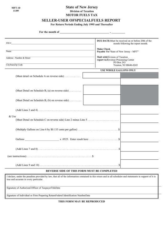 Fillable Form Mft-10 - Seller-User Of Special Fuels Report Printable pdf