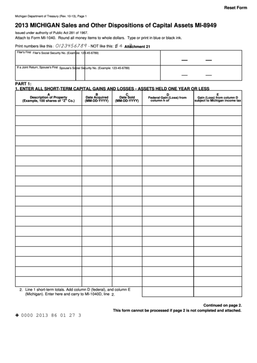 Fillable Form Mi-8949 - Michigan Sales And Other Dispositions Of Capital Assets - 2013 Printable pdf