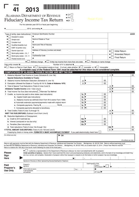 Fillable Form 41 - Fiduciary Income Tax Return - 2013 Printable pdf