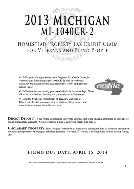 Form Mi-1040cr2 - Michigan Homestead Property Tax Credit Claim For Veterans And Blind People Instructions - 2013 Printable pdf