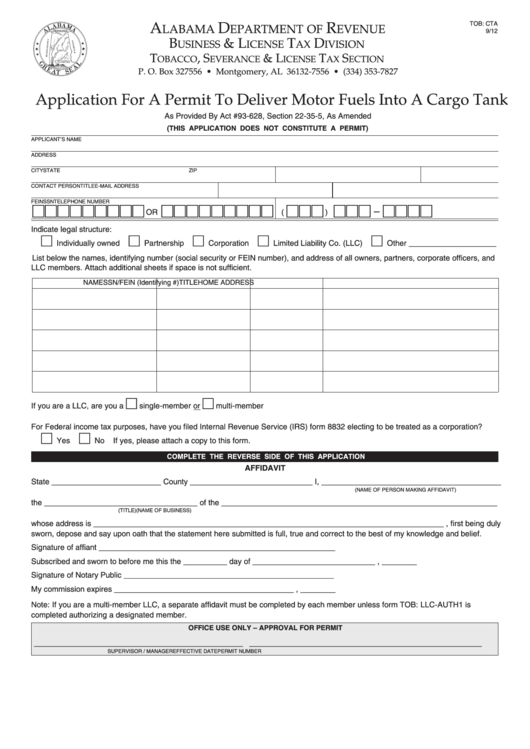 Fillable Application For A Permit To Deliver Motor Fuels Into A Cargo Tank - Alabama Department Of Revenue Printable pdf