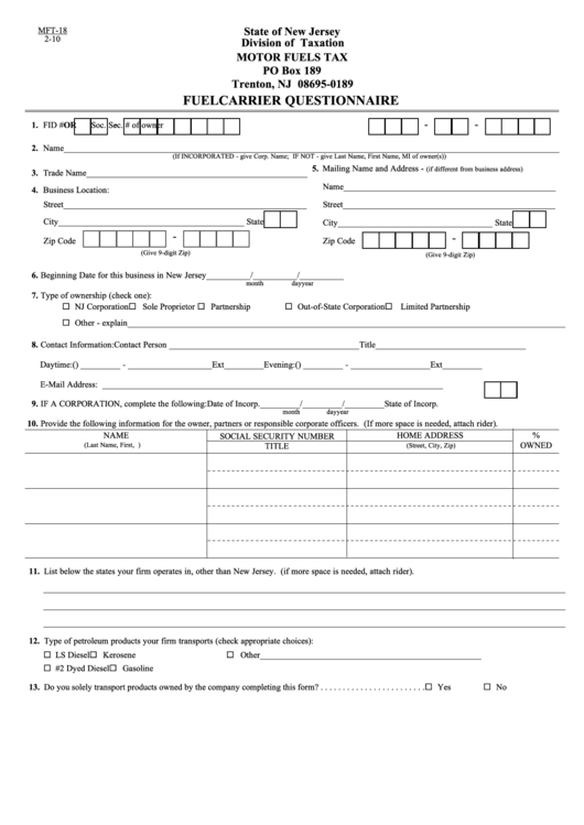 Fillable Form Mft-18 - Fuel Carrier Questionnaire Printable pdf