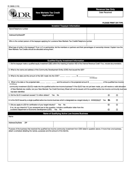 Fillable Form R-10609 - New Markets Tax Credit Application Printable pdf