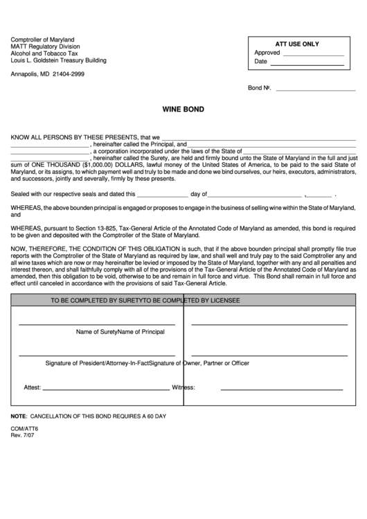 Fillable Form Com/att6 - Wine Bond - Comptroller Of Maryland Printable pdf