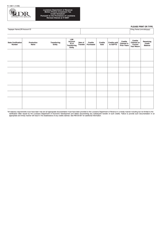 Fillable Form R-10611 - Motion Picture Investment Tax Credit Schedule Printable pdf