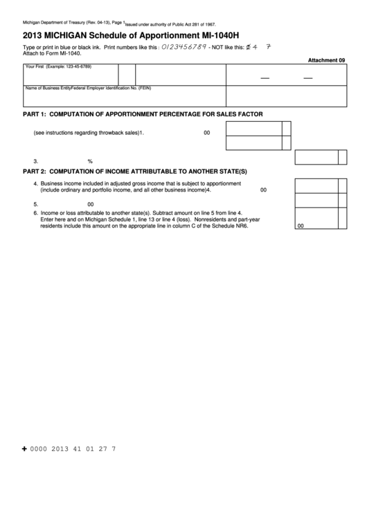 Fillable Form Mi-1040h - Michigan Schedule Of Apportionment - 2013 Printable pdf