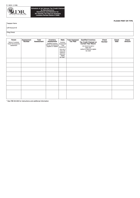 Fillable Form R-10610 - Schedule Of Ad Valorem Tax Credit Claimed By Manufacturers, Distributors And Retailers For Ad Valorem Tax Paid On Inventory Printable pdf
