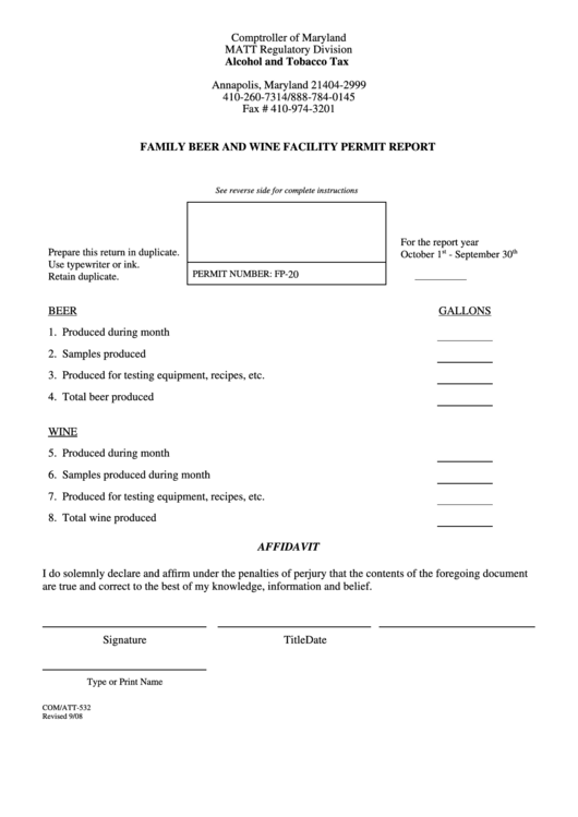 Fillable Form Com/att-532 - Family Beer And Wine Facility Permit Report Printable pdf