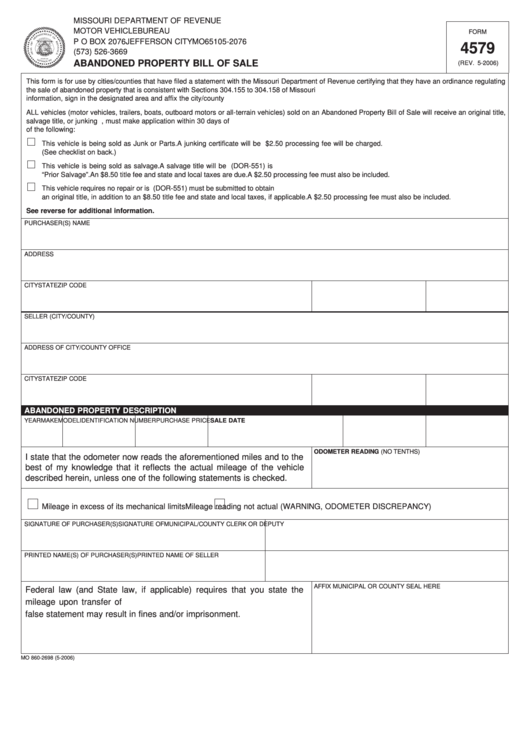 Fillable Form 4579 - Abandoned Property Bill Of Sale Printable pdf