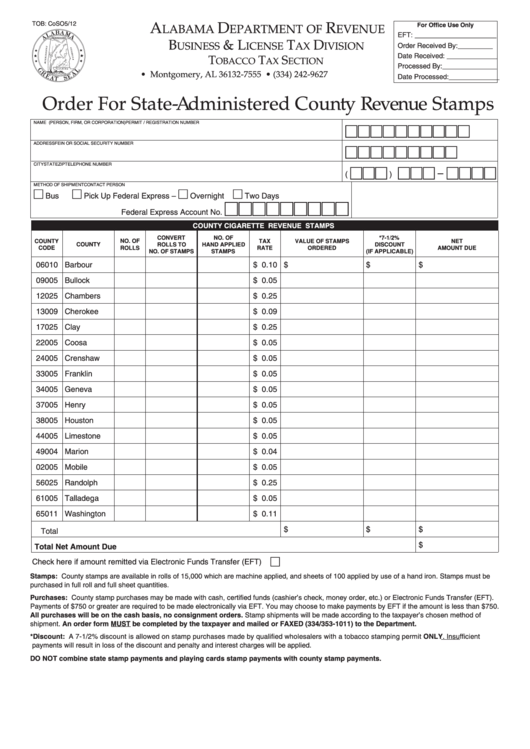 Fillable Order For State-Administered County Revenue Stamps - Alabama Department Of Revenue Printable pdf