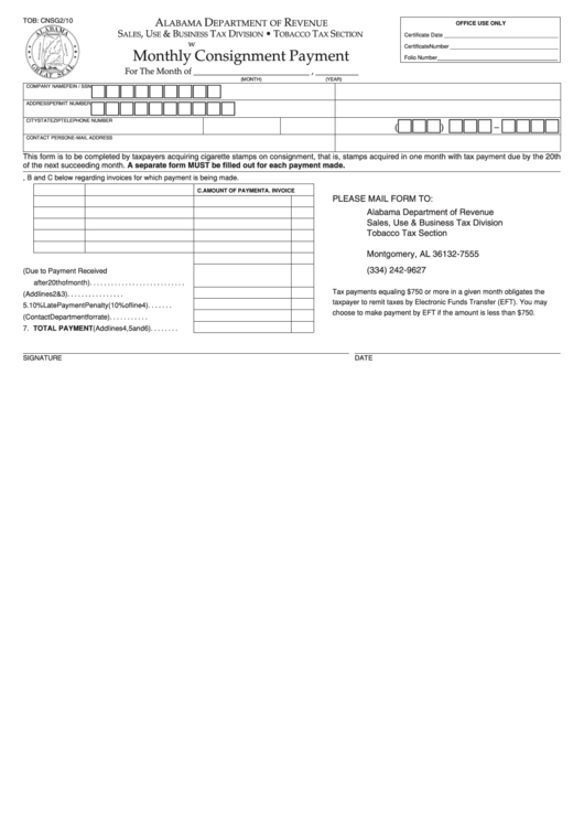 Fillable Monthly Consignment Payment - Alabama Department Of Revenue Printable pdf