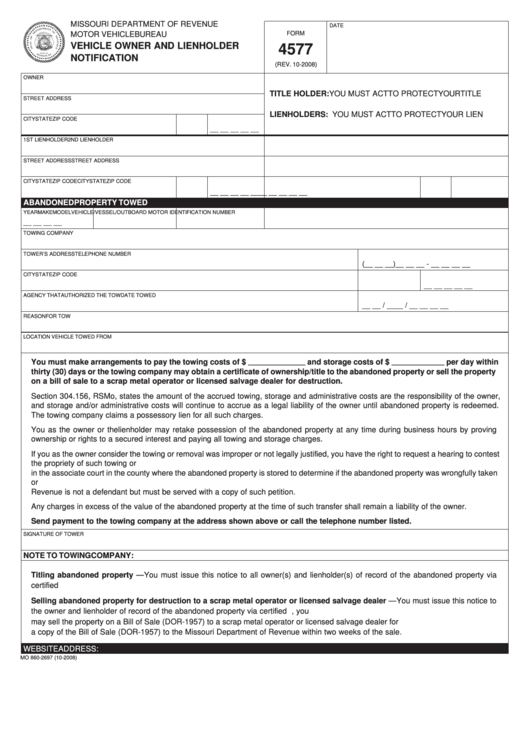 Fillable Form 4577 - Vehicle Owner And Lienholder Notification Printable pdf