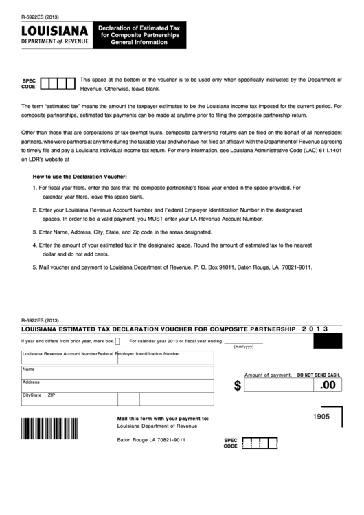 Fillable Form R-6922es - Louisiana Estimated Tax Declaration Voucher For Composite Partnership - 2013 Printable pdf