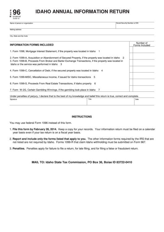 Fillable Form 96 - Idaho Annual Information Return Printable pdf