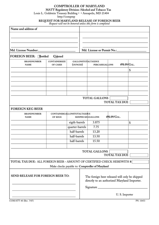 Fillable Form Com/att-40 - Request For Maryland Release Of Foreign Beer Printable pdf