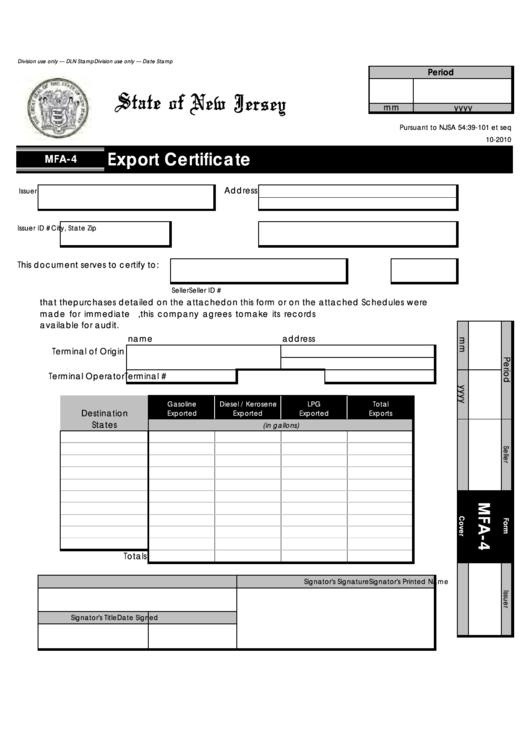 Fillable Form Mfa-4 - Export Certificate Printable pdf
