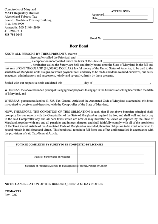 Fillable Form Com/att5 - Beer Bond Printable pdf