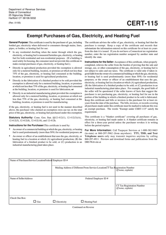 Form Cert-115 - Exempt Purchases Of Gas, Electricity, And Heating Fuel Printable pdf
