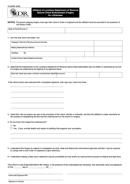 Fillable Form R-8350bf - Affidavit Of Louisiana Department Of Revenue Refund Check Endorsement Forgery For A Business Printable pdf