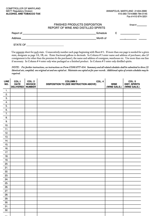 Fillable Form Com/att-34-3e - Finished Products Disposition Report Of Wine And Distilled Spirits Printable pdf