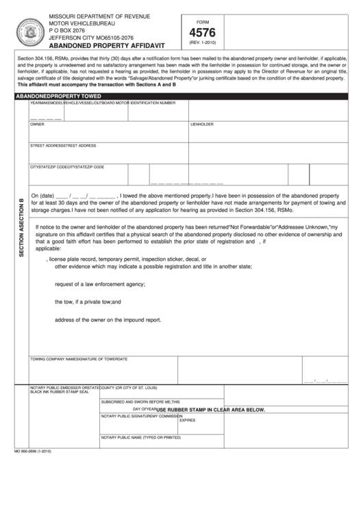 Fillable Form 4576 - Abandoned Property Affidavit Printable pdf