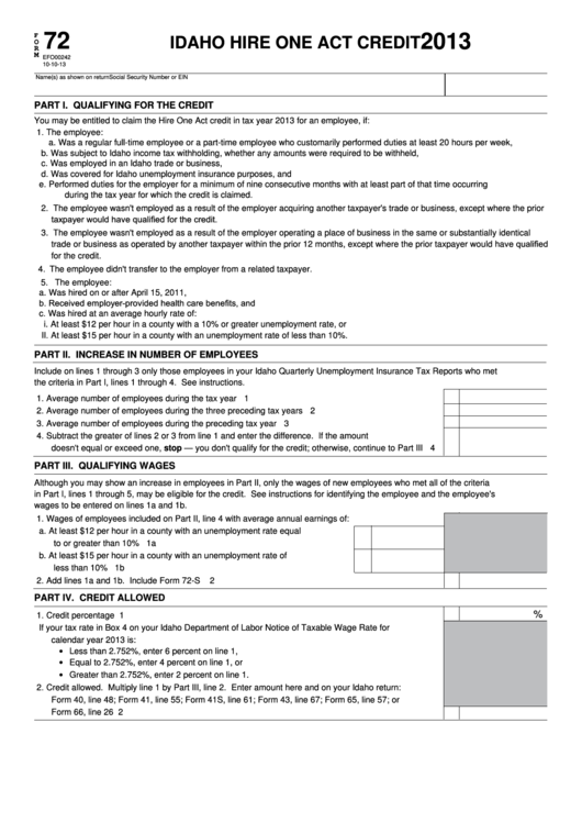 Fillable Form 72 - Idaho Hire One Act Credit - 2013 Printable pdf