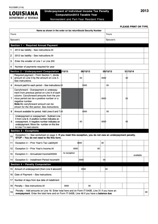 Fillable Form R-210nr - Underpayment Of Individual Income Tax Penalty Computation 2013 Taxable Year - Nonresident And Part-Year Resident Filers Printable pdf
