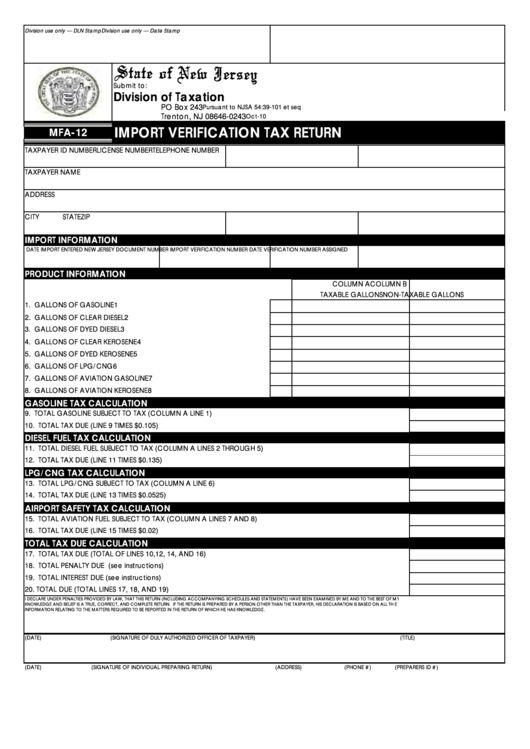Fillable Form Mfa-12 - Import Verification Tax Return Printable pdf
