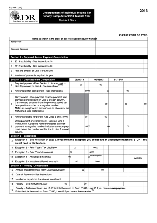 Fillable Form R-210r - Underpayment Of Individual Income Tax Penalty Computation 2013 Taxable Year Printable pdf